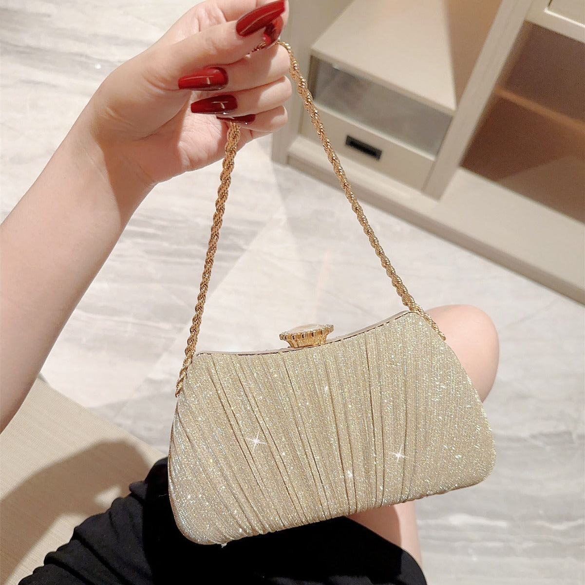 Shiny Pleated Evening Party Dress One Shoulder Prom Bag - Dana Fashion