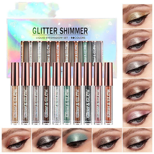 Diamond Shine Liquid Eye Shadow 10 Sets $39.00 Dana Fashion Color: Suit makeup Product information: Suitable skin type: universal Efficacy: shining pearls Shelf life: 36 months Color classification: ten color set Size: 23.5 * 13.5 * 1.5 cm Gross weight: 1