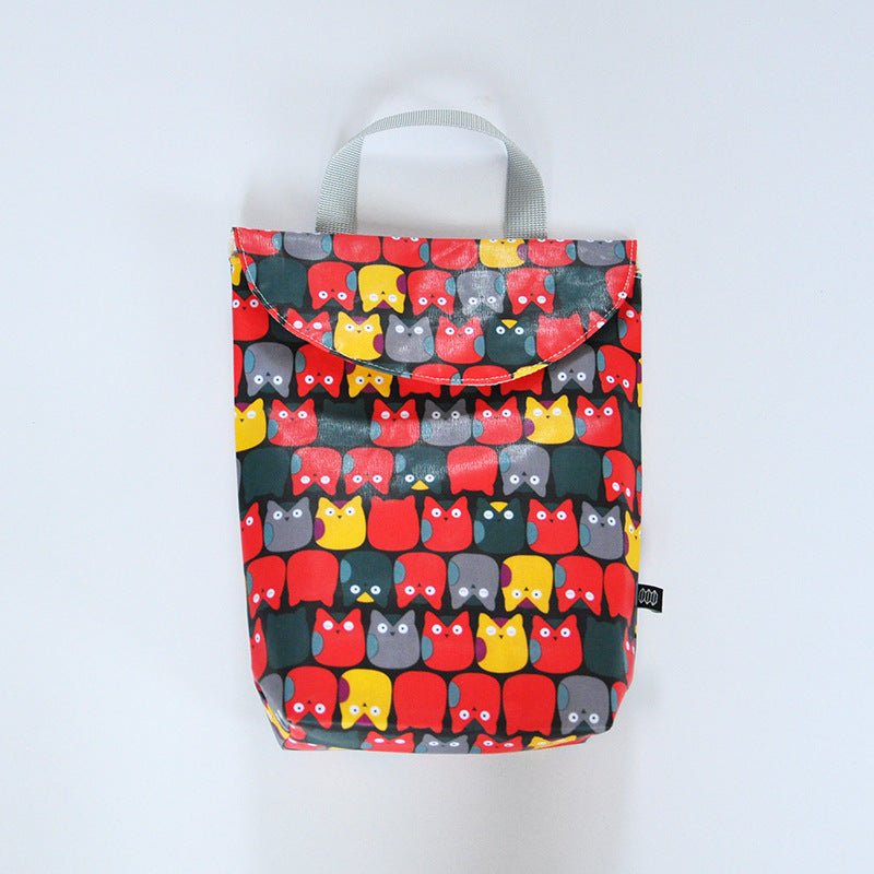 Diaper storage bag $14.58 Dana Fashion Color: Red owl Baby & Mother Fabric: Cotton waterproof composite fabric Size: 24 * 19 * 6CM. Lining: polyester Sealing: Velcro closure Composition: one main bag, plastic bag