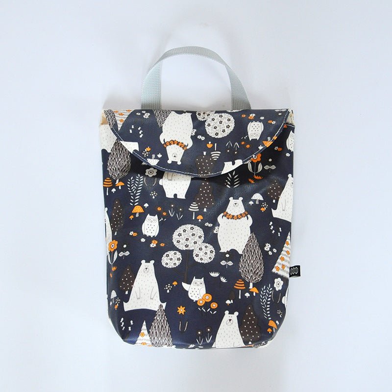 Diaper storage bag $14.58 Dana Fashion Color: Bear navy Baby & Mother Fabric: Cotton waterproof composite fabric Size: 24 * 19 * 6CM. Lining: polyester Sealing: Velcro closure Composition: one main bag, plastic bag
