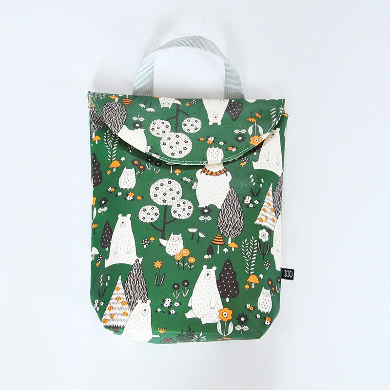 Diaper storage bag $14.58 Dana Fashion Color: Green bear Baby & Mother Fabric: Cotton waterproof composite fabric Size: 24 * 19 * 6CM. Lining: polyester Sealing: Velcro closure Composition: one main bag, plastic bag