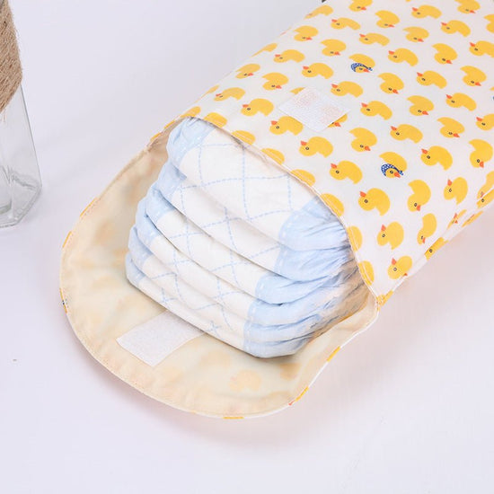 Diaper storage bag $14.58 Dana Fashion Color: Bear navy Baby & Mother Fabric: Cotton waterproof composite fabric Size: 24 * 19 * 6CM. Lining: polyester Sealing: Velcro closure Composition: one main bag, plastic bag