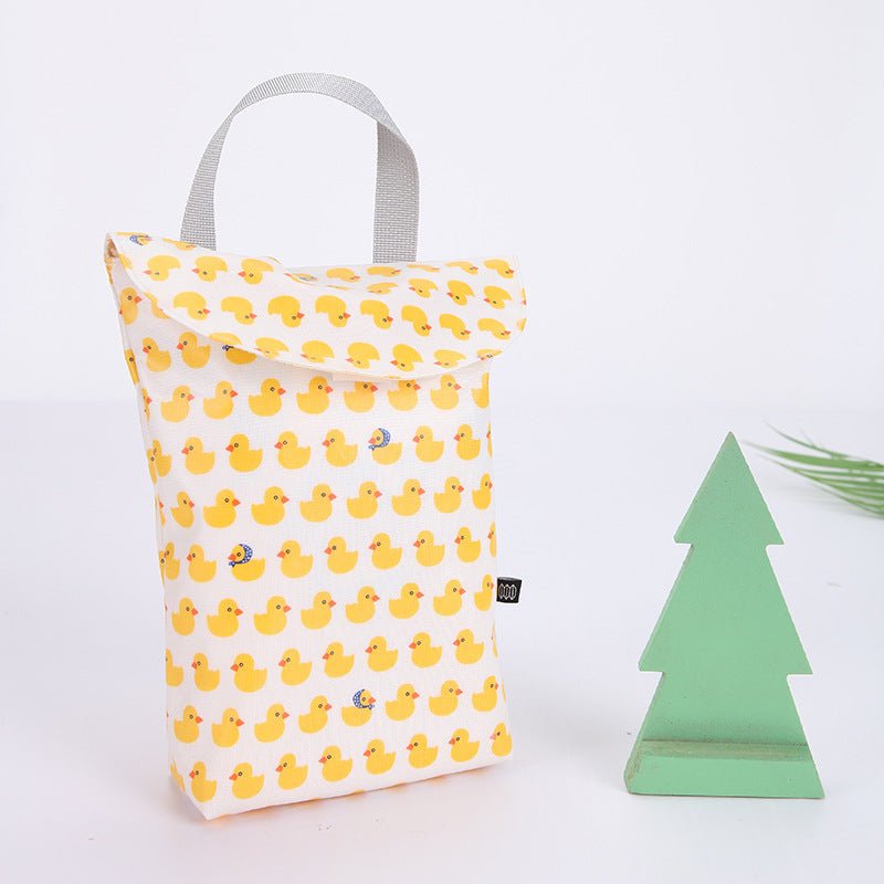 Diaper storage bag $14.58 Dana Fashion Color: Bear navy Baby & Mother Fabric: Cotton waterproof composite fabric Size: 24 * 19 * 6CM. Lining: polyester Sealing: Velcro closure Composition: one main bag, plastic bag