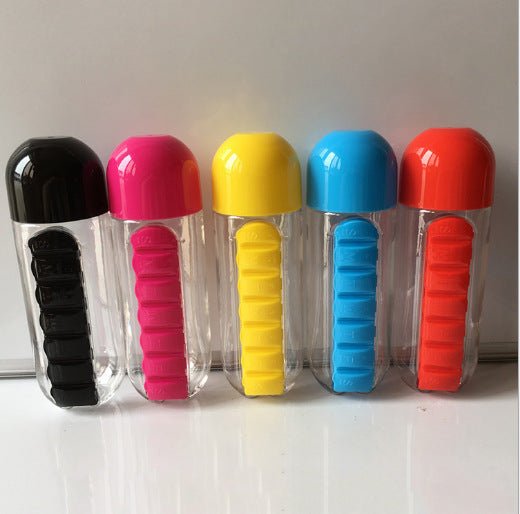 Direct Selling Two-In-One Water Cup Pill Box 7-Day Pill Box 7 Grids Outdoor Easy To Carry Water Bottle One Week With Pill Box Cup $22.68 Dana Fashion Color: 2PC Black Dana's Kitchen Product information: Product Category: Space Cup Material: PC Style: Simp