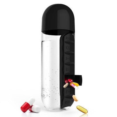 Direct Selling Two-In-One Water Cup Pill Box 7-Day Pill Box 7 Grids Outdoor Easy To Carry Water Bottle One Week With Pill Box Cup $21.79 Dana Fashion Color: Black Dana's Kitchen Product information: Product Category: Space Cup Material: PC Style: Simple A