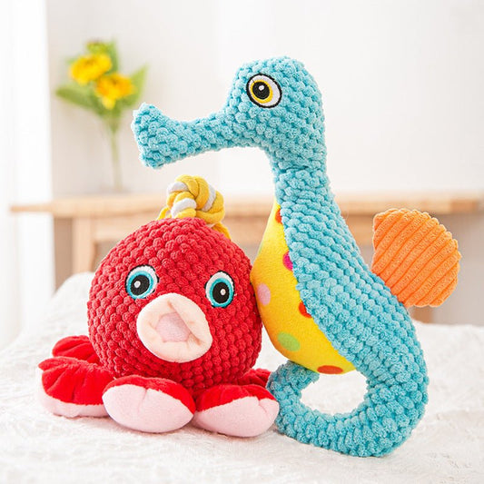 Dog Toy Plush Resistant To Biting Teeth And Making Noise $17.99 Dana Fashion Color: Blue Toys & Hobbies Product Information： Product category: Sounding toys Material: pineapple velvet Weight: 100g Specifications: light blue seahorse, red octopus Size Info