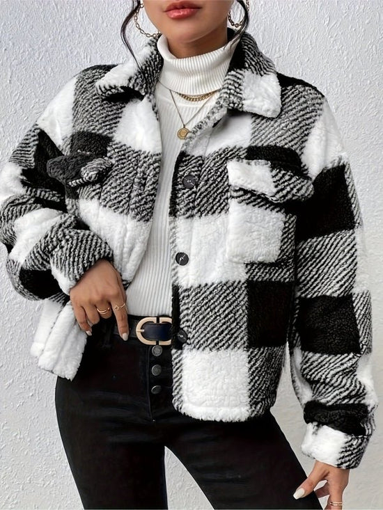Double-sided Plush Patch Pocket Button Cardigan Casual Top Jacket For Women $31.14 Dana Fashion Color: Black Size: L Women's clothing