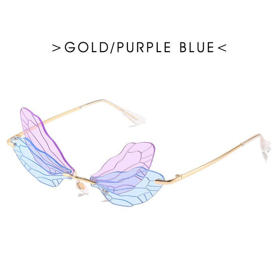 Dragonfly wings sunglasses $25.50 Dana Fashion Color: GLOD PURPLE BLUE Women's Accessories Specification: Adult Glasses structure: frame Whether it is polarized: No Lens material: PC Style: personality Frame material: metal Anti-UV grade: UV400 Style: Gen