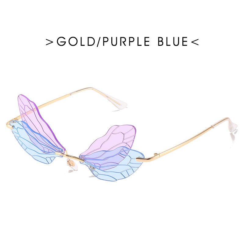 Dragonfly wings sunglasses $25.50 Dana Fashion Color: GLOD PURPLE BLUE Women's Accessories Specification: Adult Glasses structure: frame Whether it is polarized: No Lens material: PC Style: personality Frame material: metal Anti-UV grade: UV400 Style: Gen