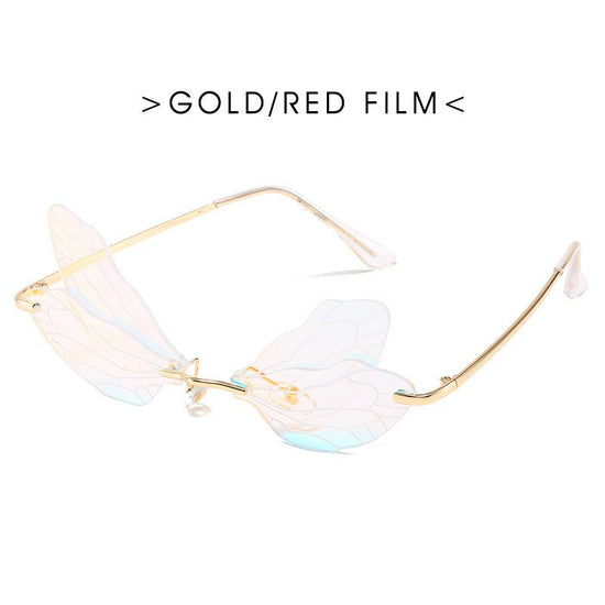 Dragonfly wings sunglasses $25.50 Dana Fashion Color: GLOD RED FILM Women's Accessories Specification: Adult Glasses structure: frame Whether it is polarized: No Lens material: PC Style: personality Frame material: metal Anti-UV grade: UV400 Style: Genera