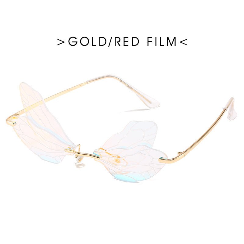 Dragonfly wings sunglasses $25.50 Dana Fashion Color: GLOD RED FILM Women's Accessories Specification: Adult Glasses structure: frame Whether it is polarized: No Lens material: PC Style: personality Frame material: metal Anti-UV grade: UV400 Style: Genera