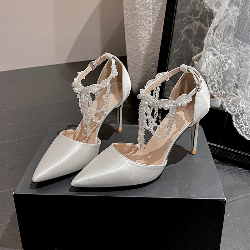 Dress Banquet Bride Women's Sandals High Heel $88.96 Dana Fashion Color: White Leather Surface PU7cm Size: 32 Women's shoes Product information: Lining material: imitation leather Color: white satin 7cm, white satin 9cm, white leather [PU] 7cm, white leat
