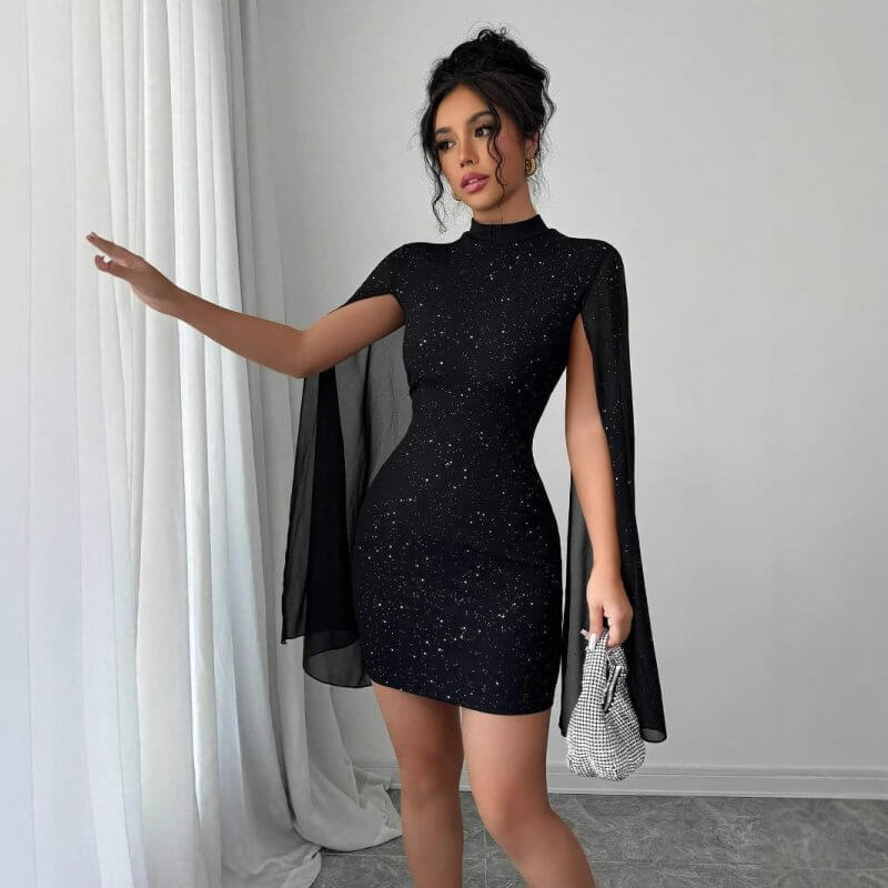 Dress Shiny Printing Turtleneck Lantern Sleeve Skinny Hip Skirt $30.50 Dana Fashion Color: Black Size: L Women's clothing Product information: Color: Black Clothing placket: pullover Waist type: high waist Size: XS,S,M,L,XL Skirt length: short skirt Fabri