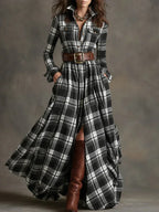 Ins Plaid Print Long-Sleeved Dress Fashion Pockets Collared Buttons Shirt Long Dresses Retro Women's Clothing - DanaFashionstore