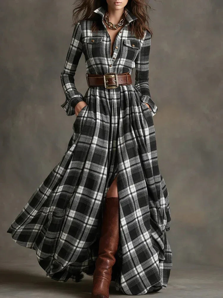 Ins Plaid Print Long-Sleeved Dress Fashion Pockets Collared Buttons Shirt Long Dresses Retro Women's Clothing - DanaFashionstore