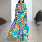 Printed Long Sleeved V-neck Patchwork Dress
