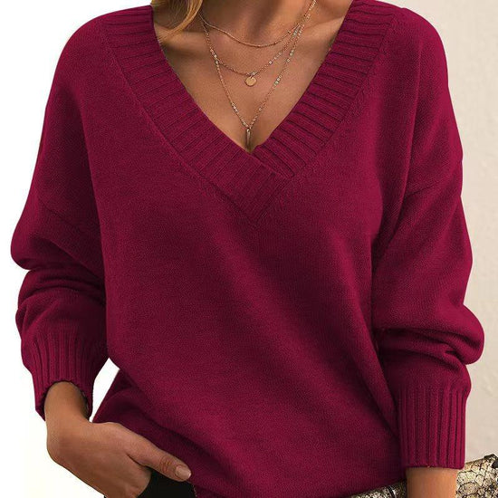 Solid V-neck Sweater Fashion Loose Long-sleeved Knitted Tops Autumn And Winter Women's Clothing - DanaFashionstore