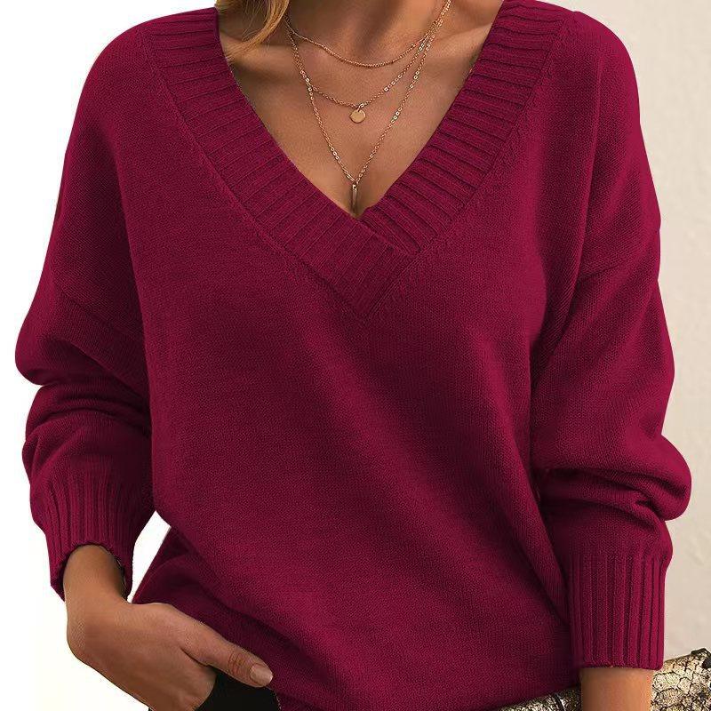 Solid V-neck Sweater Fashion Loose Long-sleeved Knitted Tops Autumn And Winter Women's Clothing - DanaFashionstore