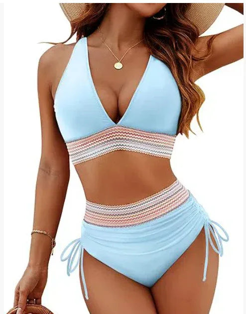 High Waisted Bikini Set With Color Blocking Drawstring Swimsuit - DanaFashionstore