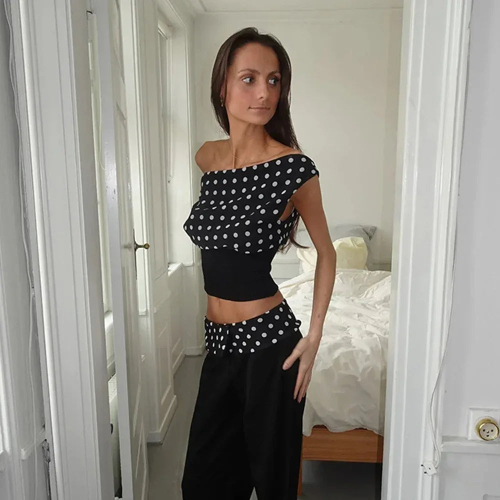 Polka Dots Print Oblique Shoulder Tops Summer Patchwork Chiffon Crop Top Women Sexy Sleeveless Lace Up Backless Blouse Casual Streetwear Tee - DanaFashionstore
