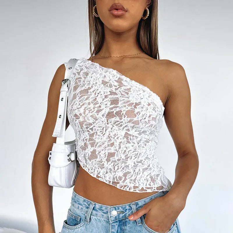 Ins Lace Backless Top Summer Solid Color Waistless Asymmetrical Sloped Neck Vest Streetwear Womens Clothes - DanaFashionstore
