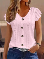 Solid Color Jacquard V-neck Buttons Long Sleeve T-shirt - DanaFashionstore