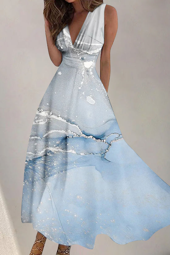 Women's Digital Printing Fashion V-neck Swing Long Dress