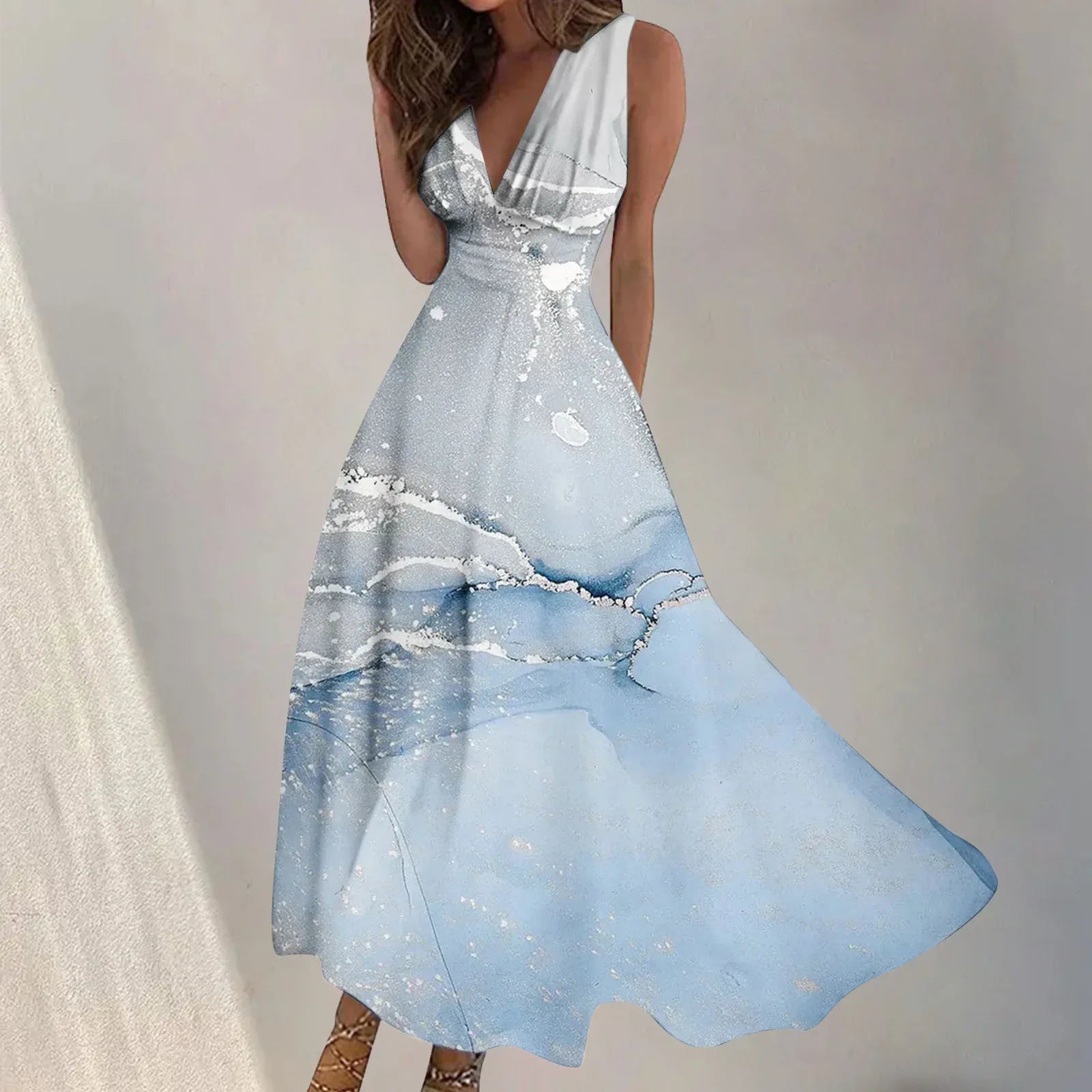 Digital Print V-Neck Swing Dress 2026 - Fashion Long Dress - DanaFashionstore