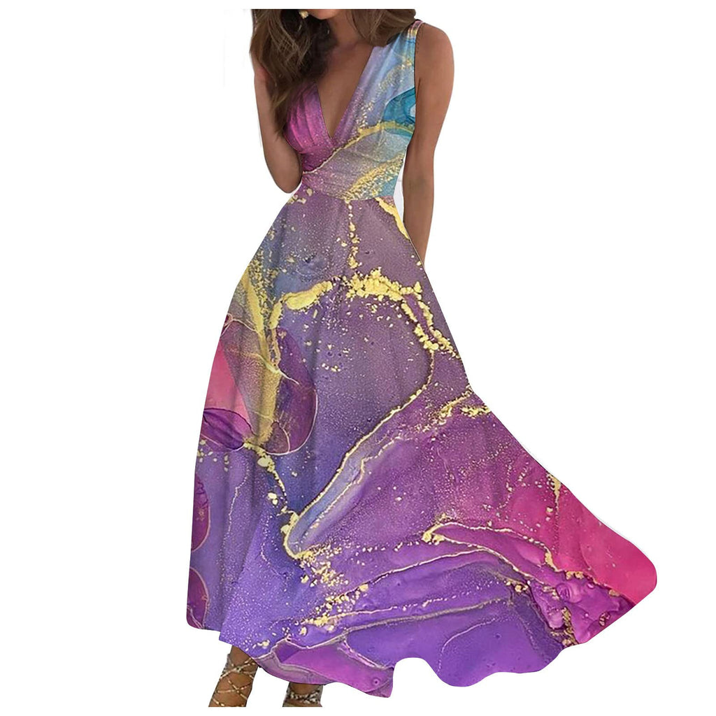 Summer New V-neck Fashion Digital Printing Maxi Dress