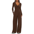 2 Pieces Women's V Neck Long-sleeve Sportswear Top And Wide-leg Pants Set Casual Comfortable Outfit Set For Daily Wear Gym Sports Outfit