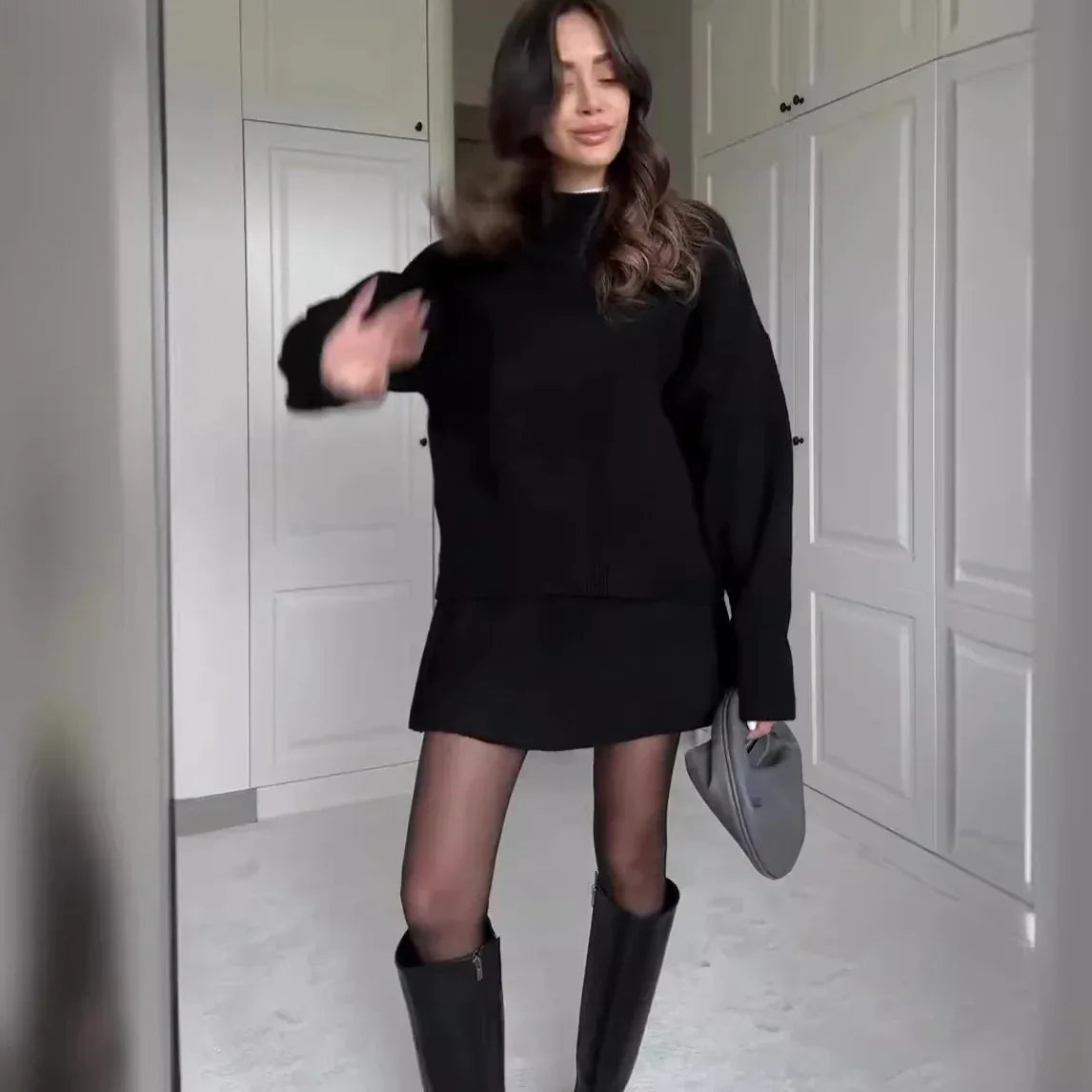 Sweater Skirt Sets For Women 2 Pieces Knit Casual Versatile Long Sleeve Pullover Elegant Solid High Waist Mini Skirt Outfit - DanaFashionstore