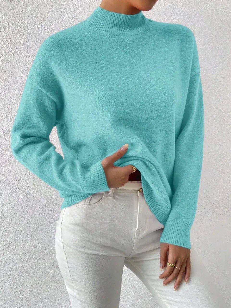 Women's Pullover Sweater Casual Solid Color Mid-high Neck Long-sleeved Knitted Tops Clothing - DanaFashionstore
