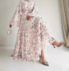 Women's Chiffon Floral Long Dress With Belt, Stylish And Elegant