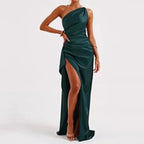 Sexy One-shoulder Backless Slit Dress Summer Elegant Slim-fit Solid Color Satin Dresses For Women - DanaFashionstore