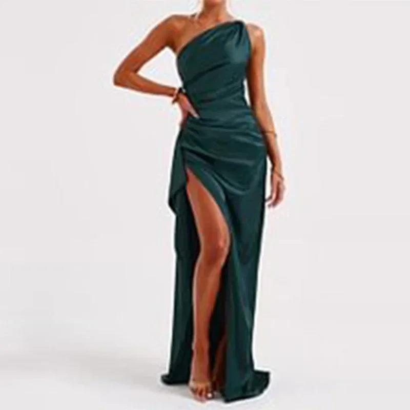 Sexy One-shoulder Backless Slit Dress Summer Elegant Slim-fit Solid Color Satin Dresses For Women - DanaFashionstore