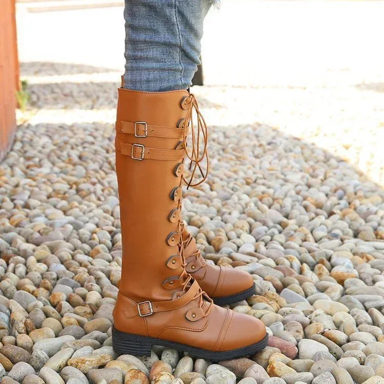 Explosive Style Round Toe Mid-heel Lace-up Over-the-knee Boots - DanaFashionstore