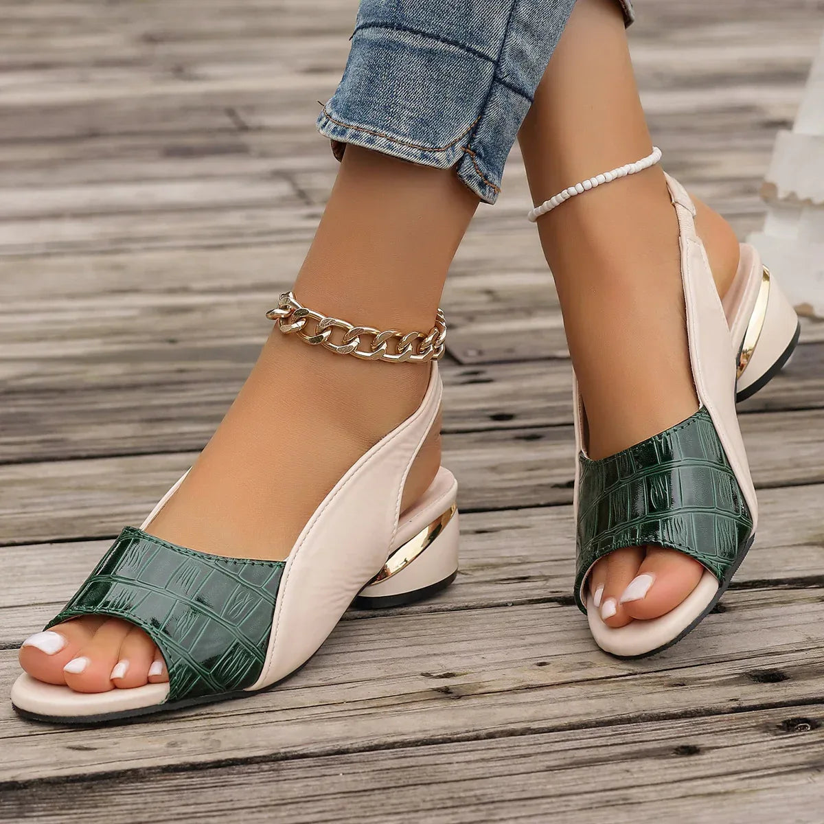 Ins Plaid Stone Pattern Sandals Summer Peep Toe Block Heels Ankle-strap Office Shoes For Women - DanaFashionstore