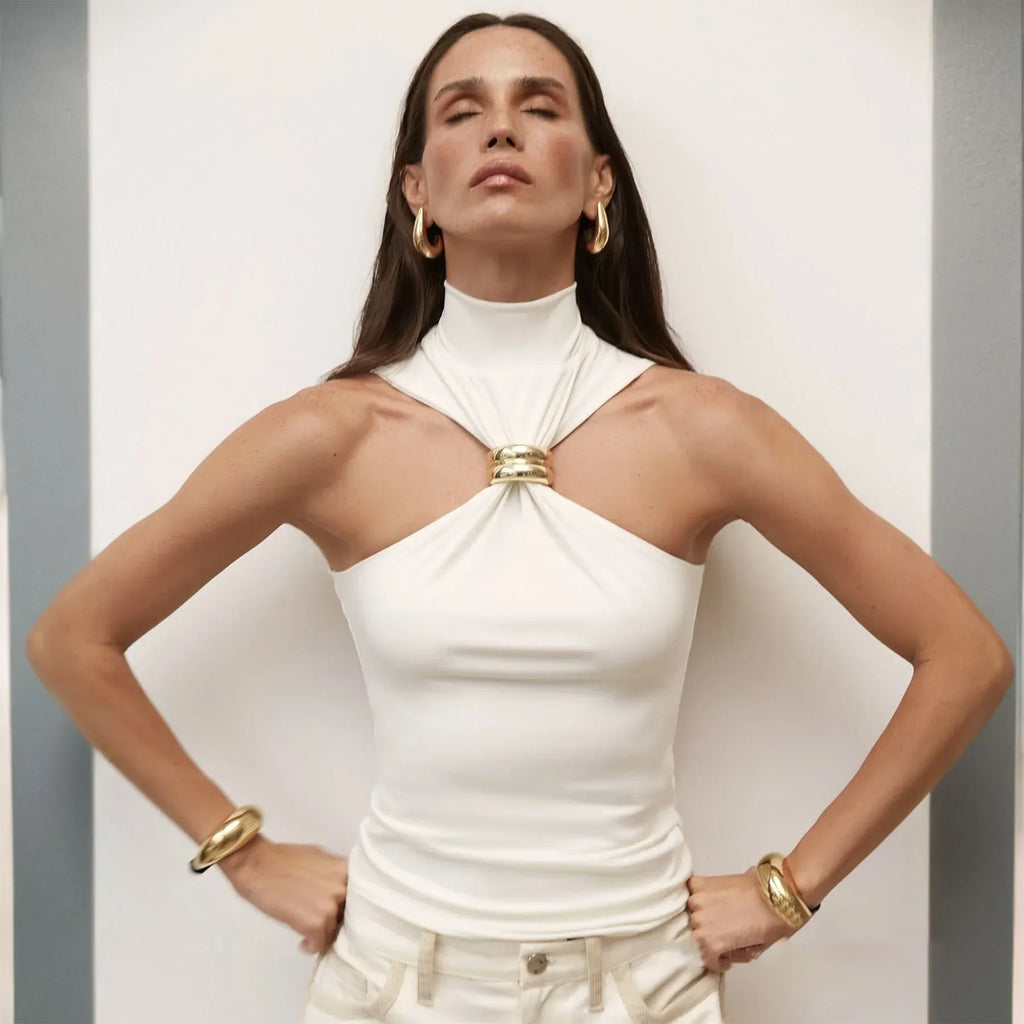 Gold Ring Sleeveless Cold-shoulder Stretch Top - DanaFashionstore