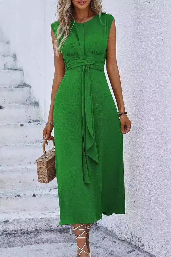 Solid Color Waist Tight Tied Dress Women