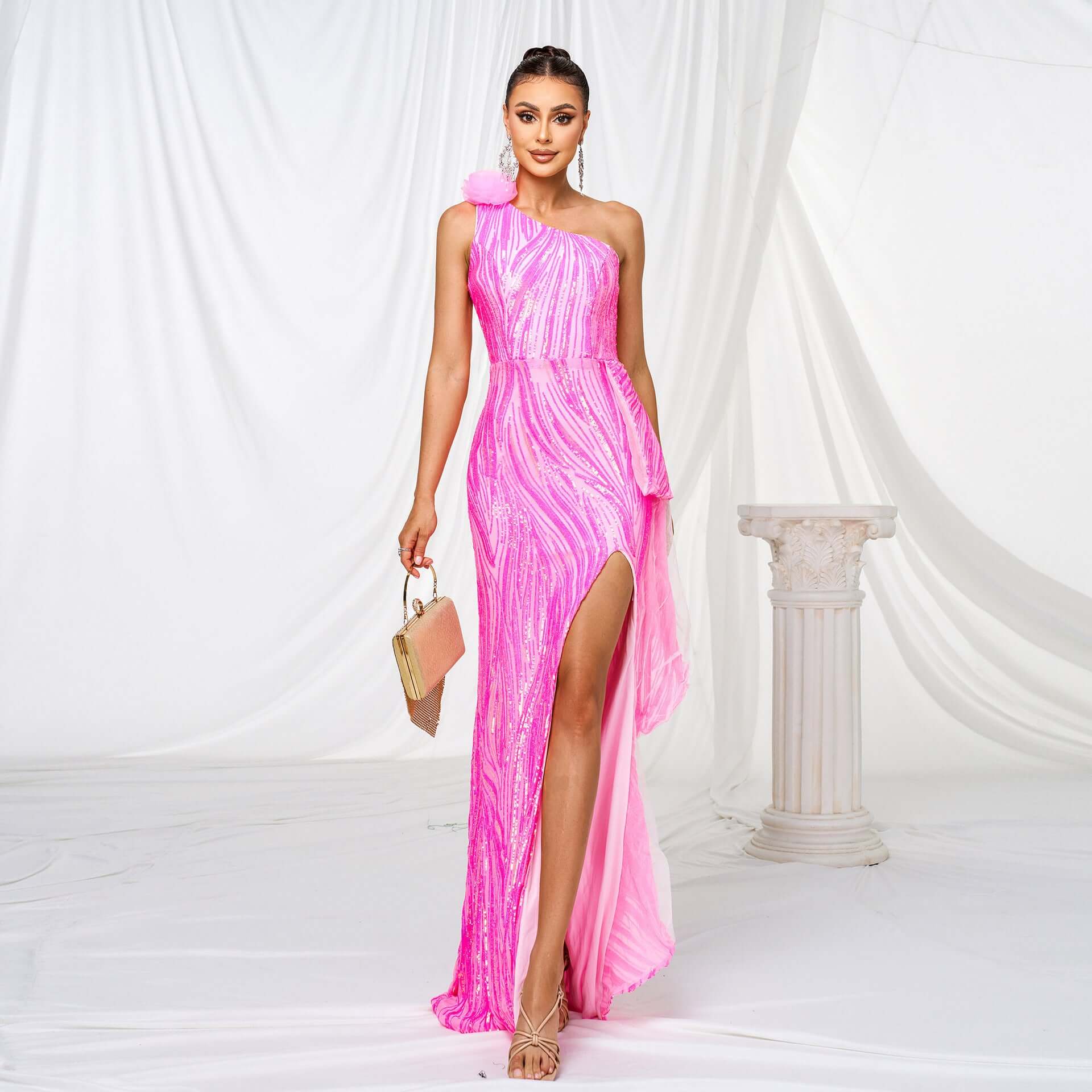 One-shoulder Diagonal Collar Sequined Slit Evening Dress $131.77 Dana Fashion Color: Rose Red Size: L Women's clothing Product information: Pattern: solid color Skirt type: hip skirt Color: Rose Red Waist type: high waist Size: S,M,L,XL Style type: Elegan