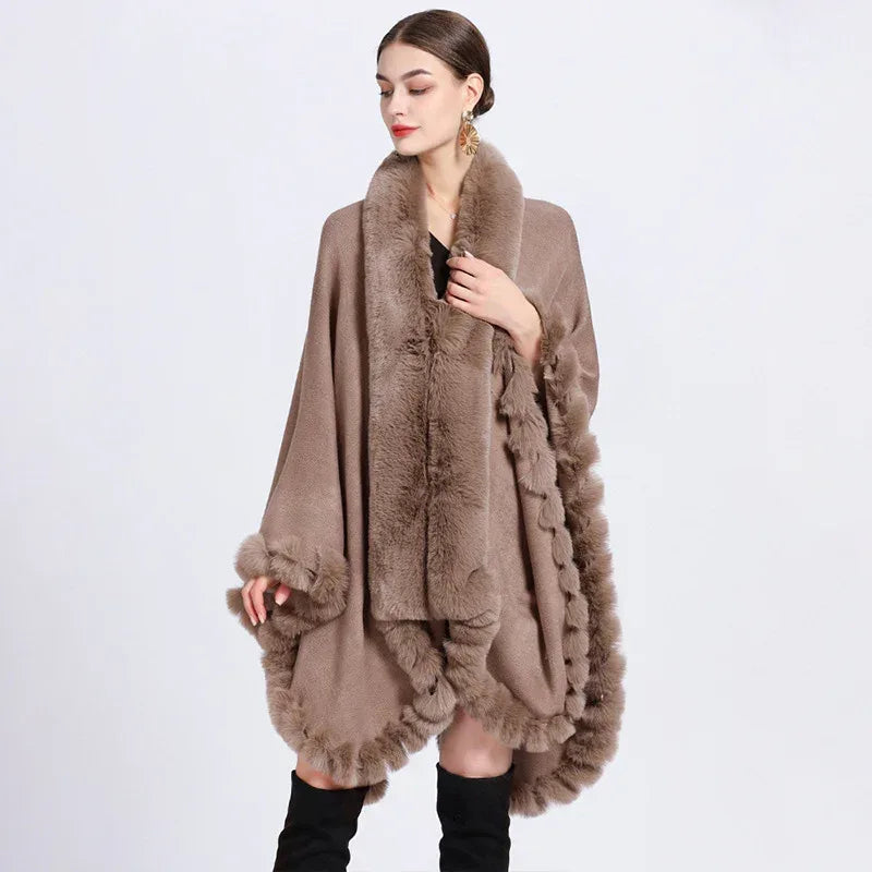 Rex Rabbit Fur Collar Shawl Irregular Oversized Knitted Cardigan Baggy Coat - DanaFashionstore