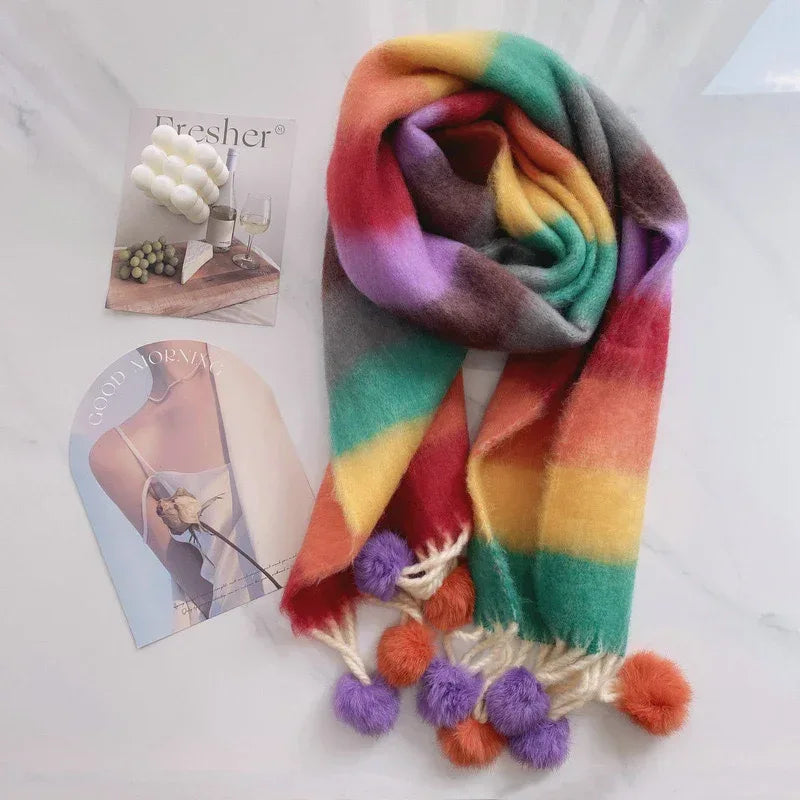 Rainbow Dopamine Mohair Tassel Scarf - DanaFashionstore