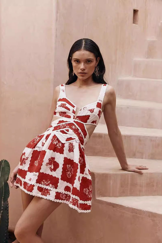 Women's Flower Print Lace Sling Dress Fashion V-neck Waist-baring Skirt Summer Clotjing