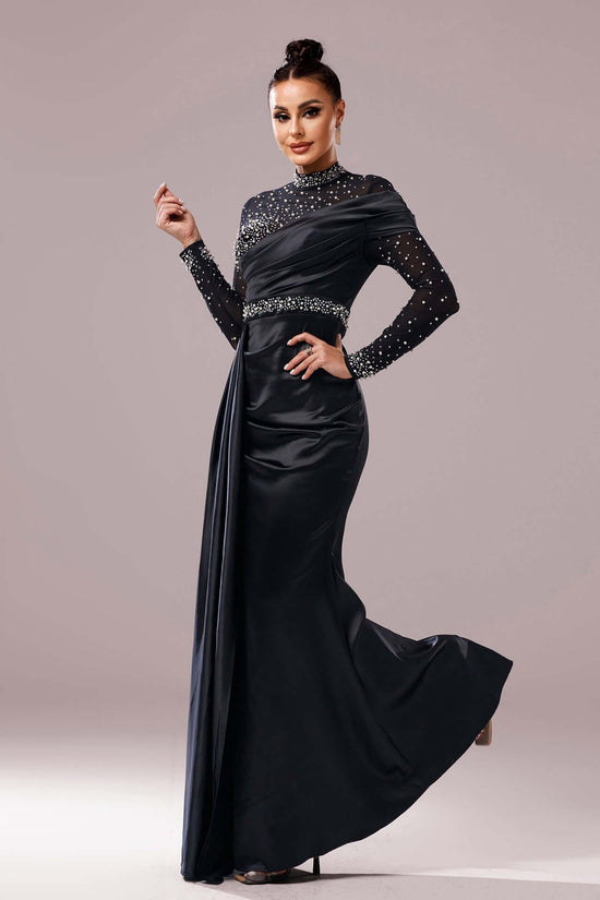 Long Sleeve Slim-fit Sheath Pearl Banquet Fishtail Evening Dress $129.99 Dana Fashion Color: Black Size: L Women's clothing Product information: Pattern: solid color Skirt type: hip skirt Color: Black Waist type: high waist Size: S,M,L,XL Style type: Eleg