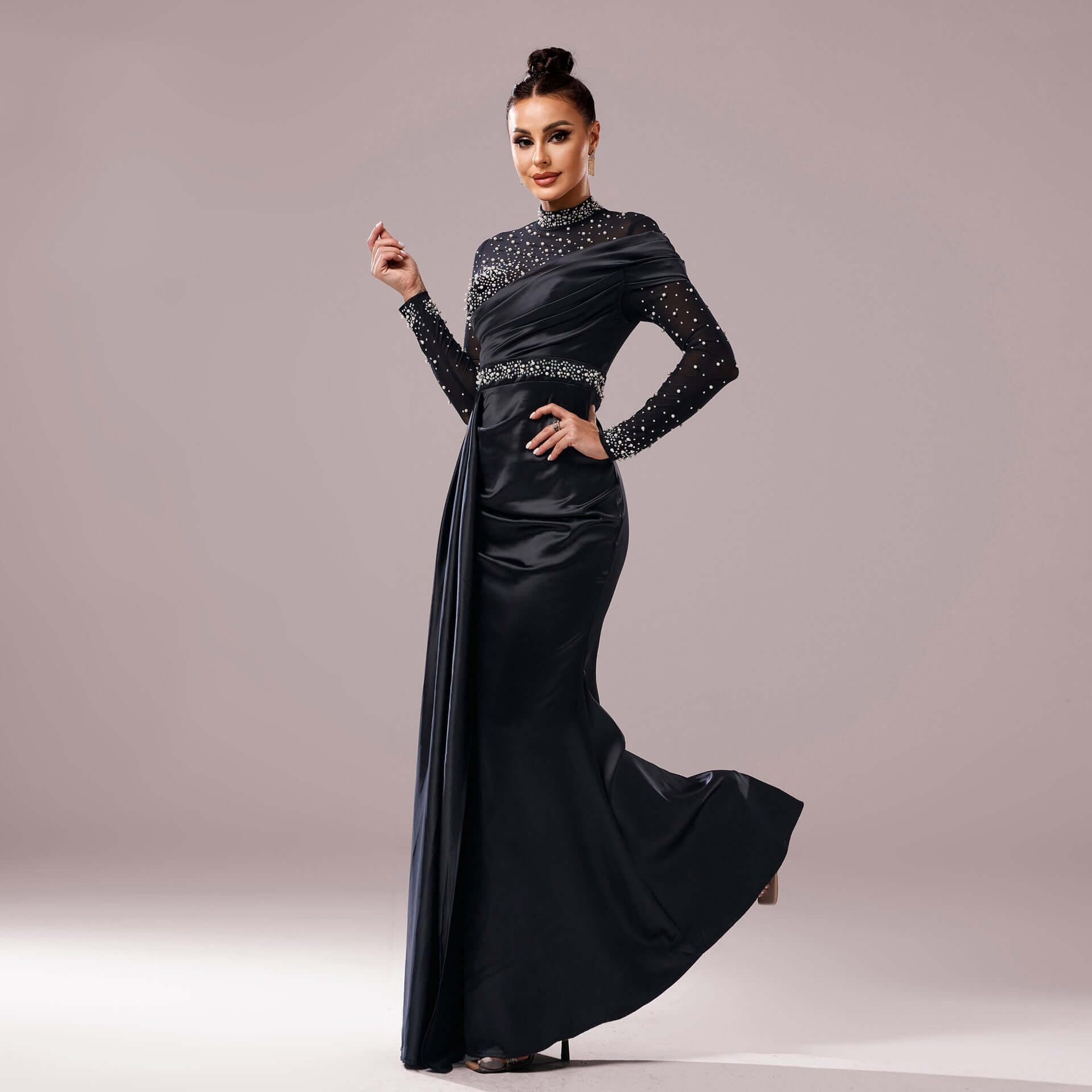 Long Sleeve Slim-fit Sheath Pearl Banquet Fishtail Evening Dress $129.99 Dana Fashion Color: Black Size: L Women's clothing Product information: Pattern: solid color Skirt type: hip skirt Color: Black Waist type: high waist Size: S,M,L,XL Style type: Eleg