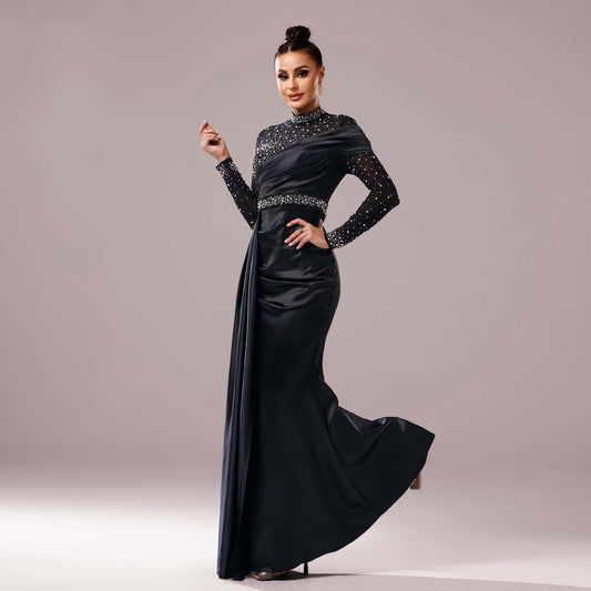 Long Sleeve Slim-fit Sheath Pearl Banquet Fishtail Evening Dress $129.99 Dana Fashion Color: Black Size: L Women's clothing Product information: Pattern: solid color Skirt type: hip skirt Color: Black Waist type: high waist Size: S,M,L,XL Style type: Eleg