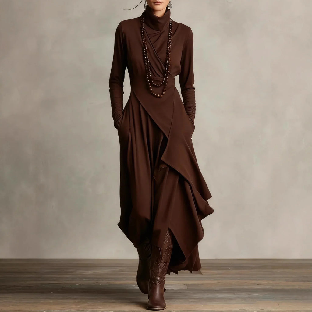 Women's Solid Color Cross-sleeve High-neck Dress - DanaFashionstore