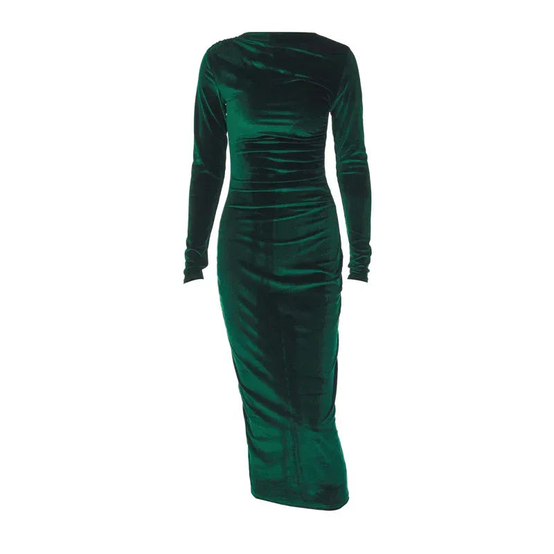 Solid Color Pleated Round-Neck Dress 2026 - Slim Long-Sleeved Dress - DanaFashionstore