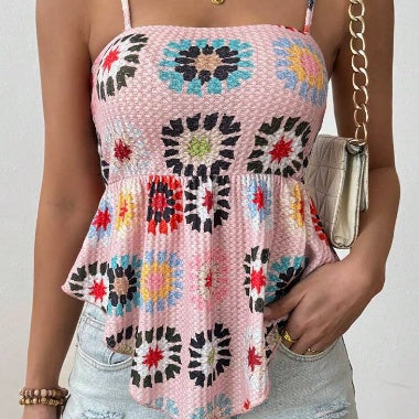 Women's Vacation Hibiscus Printed Ruffle Hem Casual Camisole Top Graphic Tees
