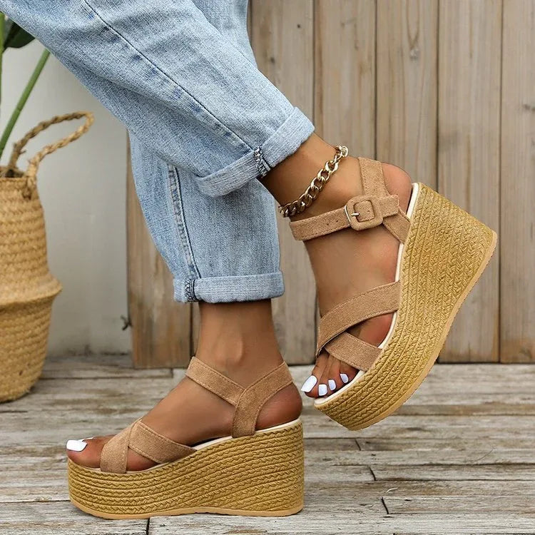 Wedge Sandals For Women Summer Casual Non-slip Cross-strap Platform Shoes With Hemp Heels Shoes - DanaFashionstore